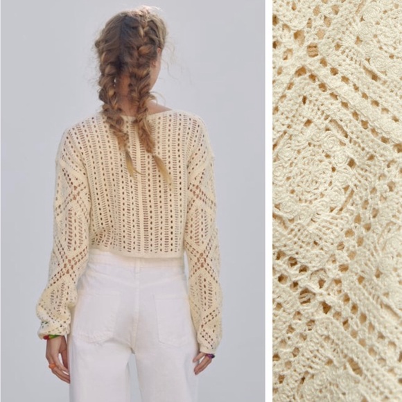 Zara Ecru Crocheted Knit Cropped Sweater - Picture 4 of 12